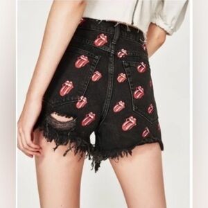 ZARA THE ROLLING STONES Black & Red Destroyed Distressed Frayed Shorts (00)